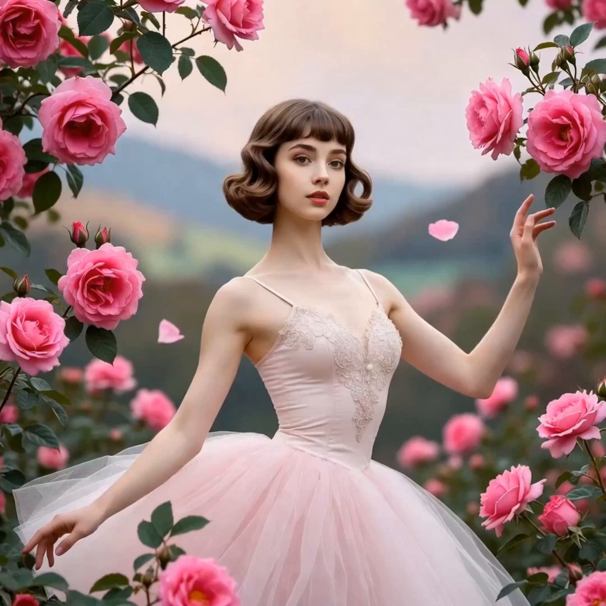 Ballerina Among Pink Roses