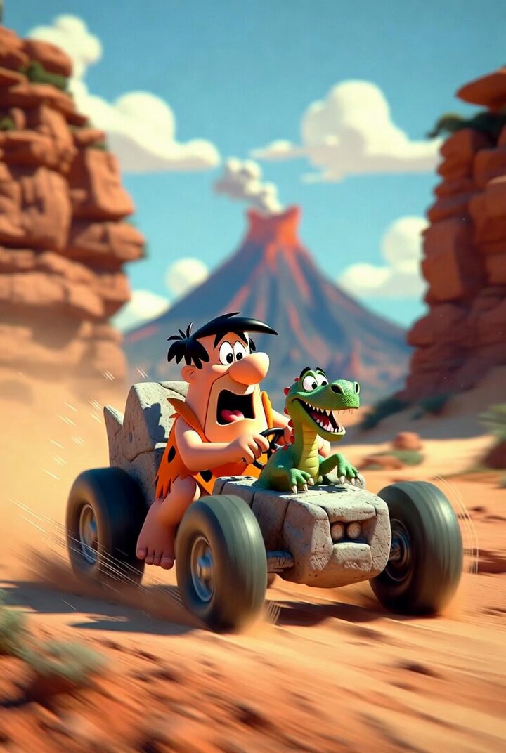 Flintstones style prehistoric car chase