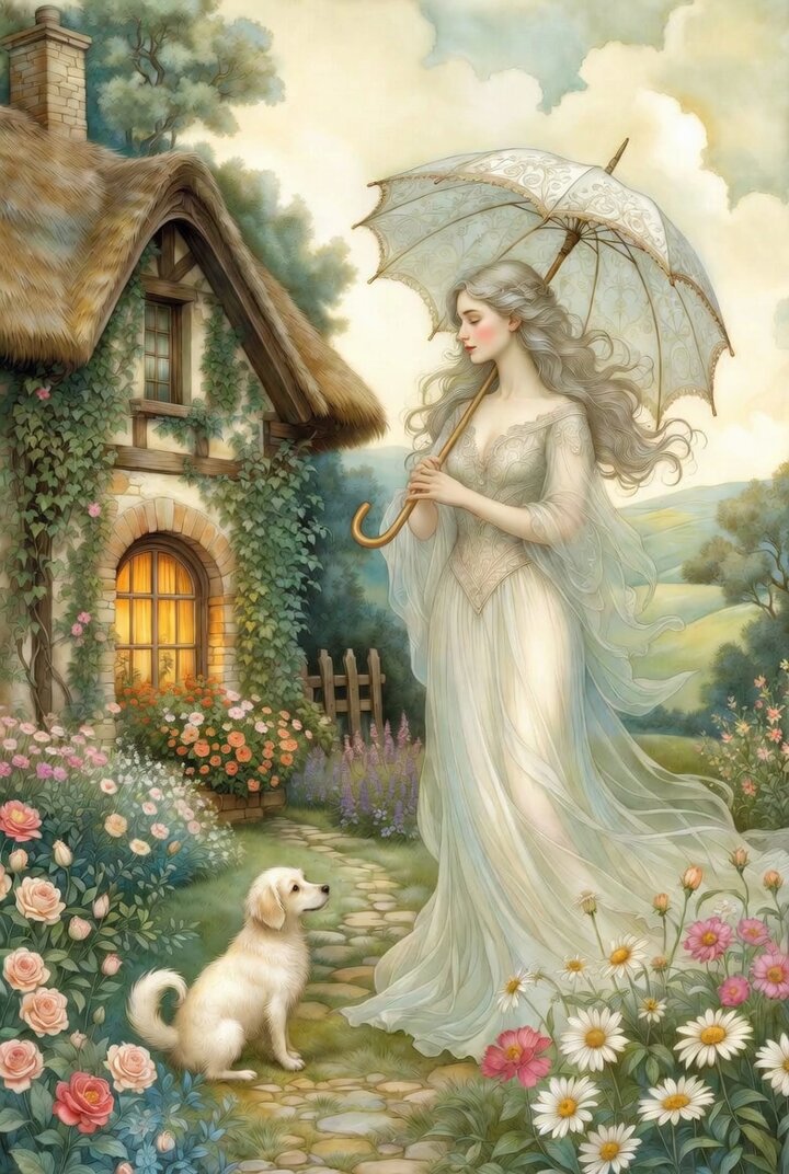 Grok Imagine Ethereal Woman and Bear Illustration Video Prompt