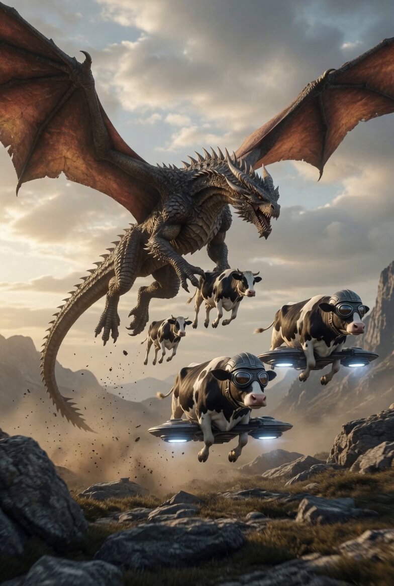 Dragon Chased by Cows on Drones