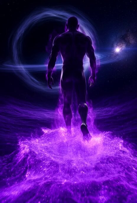 Grok Imagine Prompt: The colossal silhouette of a deity strides through the depths of a twisted, swi