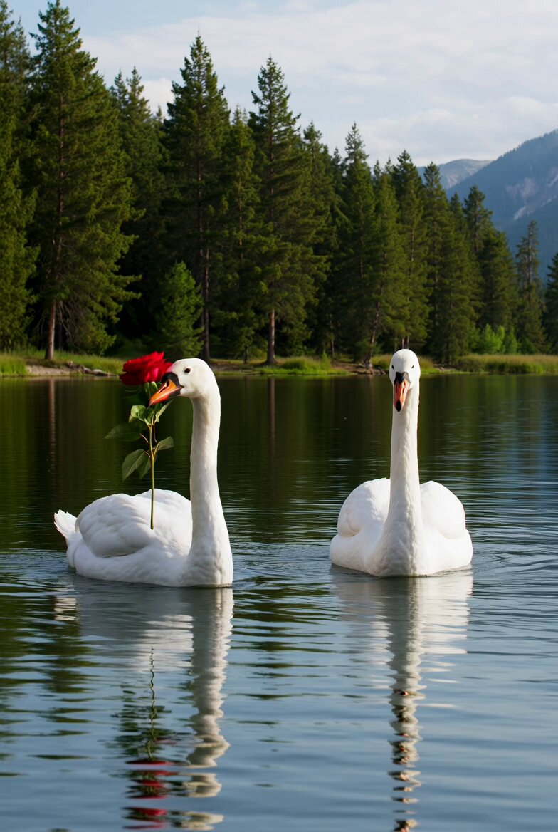 Swans Tossing Rose on Lake