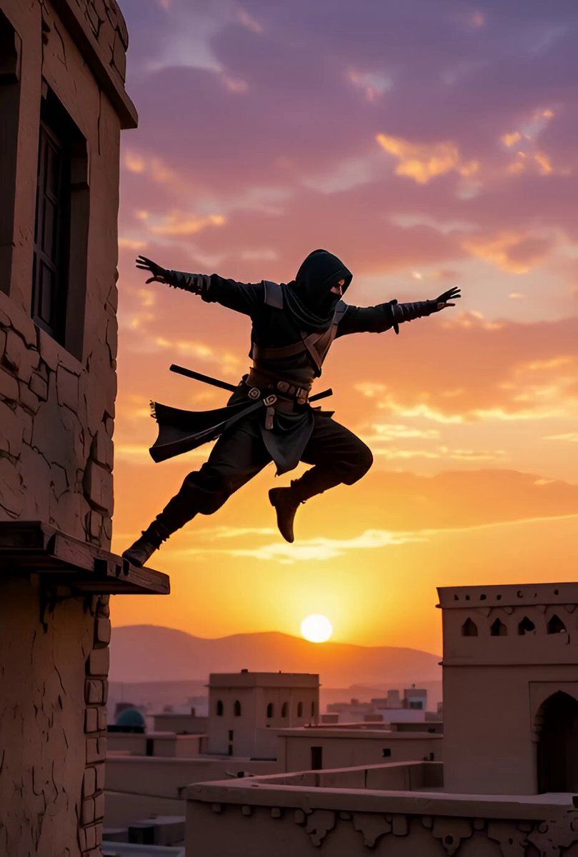 Character landing and sunset pan
