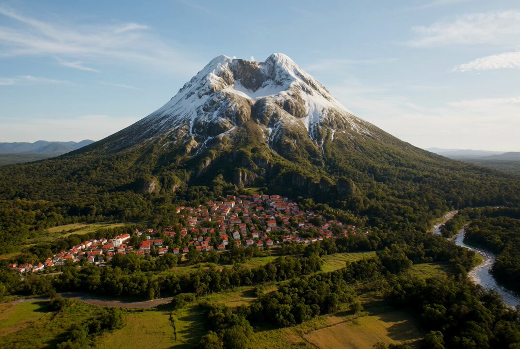 Volcanic eruption destroying a mountain town