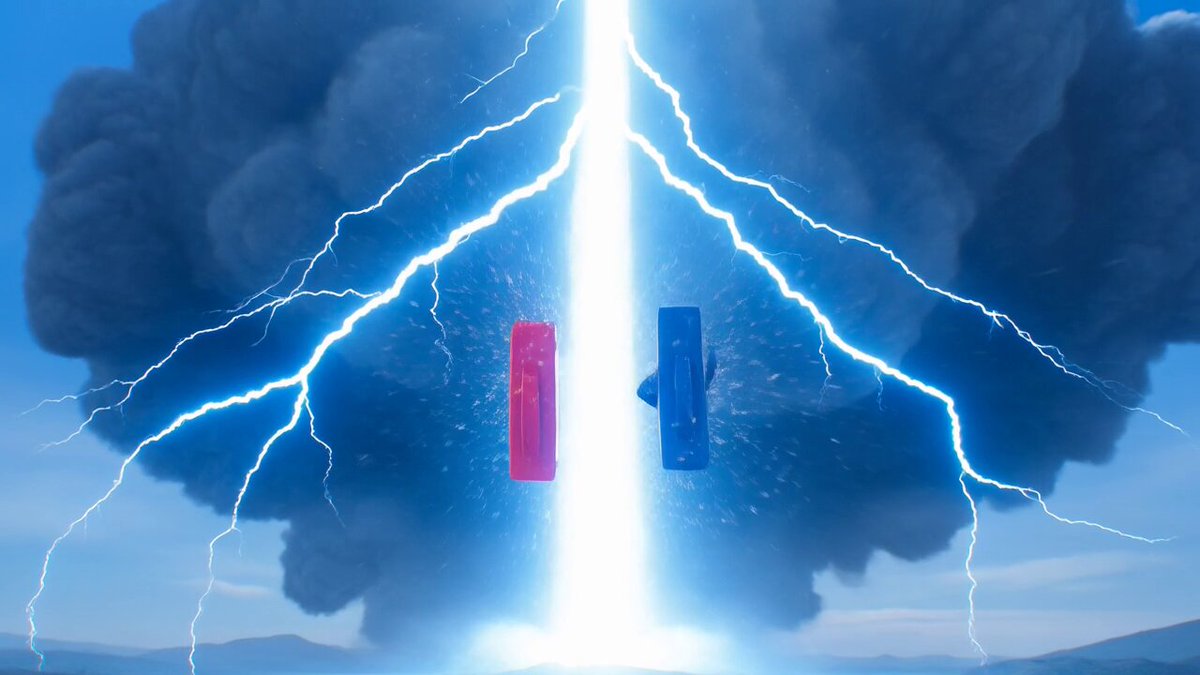 Grok Imagine prompt: Flying staplers hit by lightning