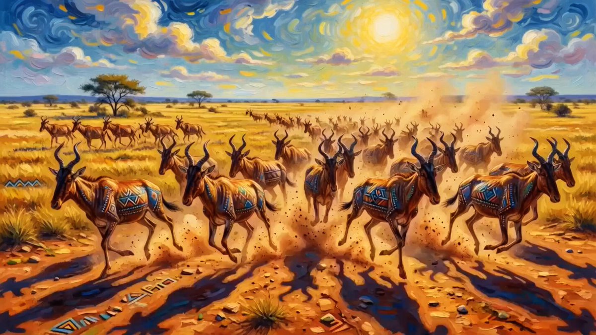 Red Hartebeest running in Kalahari summer