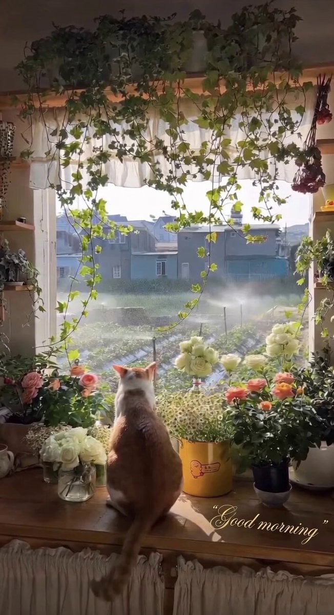 Cat Watching Sunrise Landscape