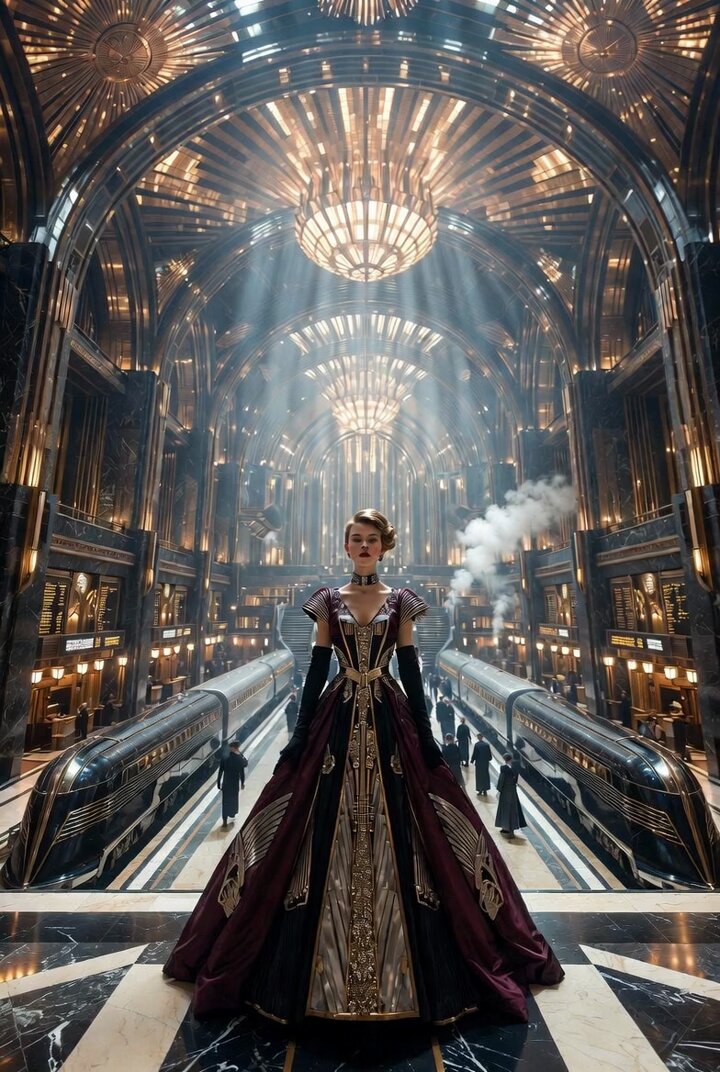 Epic Art Deco imperial railway station interior video