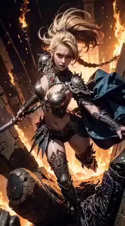 Cinematic digital painting of a fierce blonde warrior