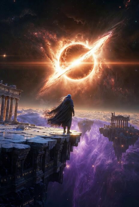 Lone Wanderer on a Floating Citadel Above a Nebula Storm
