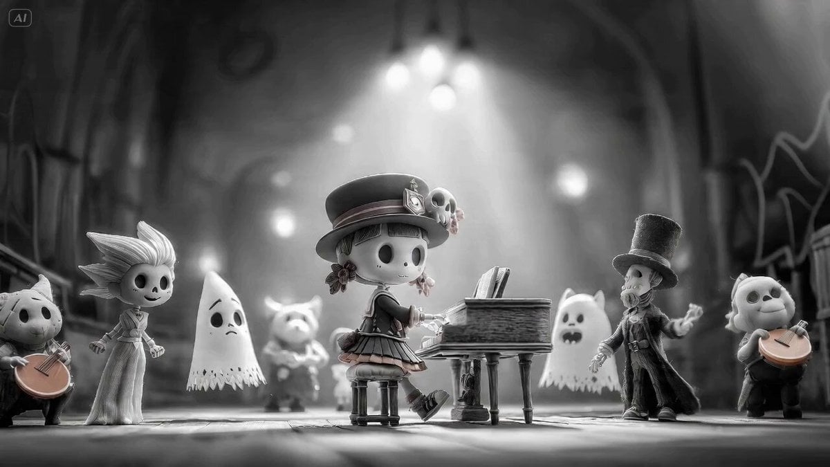 Seedance 2.0 prompt for a monster choir with black-and-white to color transition