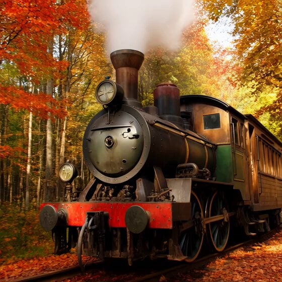 Vintage Steam Train in Autumn Forest