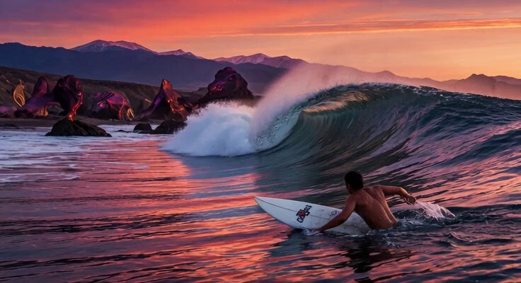 Massive Sunset Wave Surfing