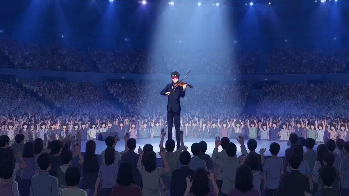 OVA anime style violinist with levitation and sinister observer