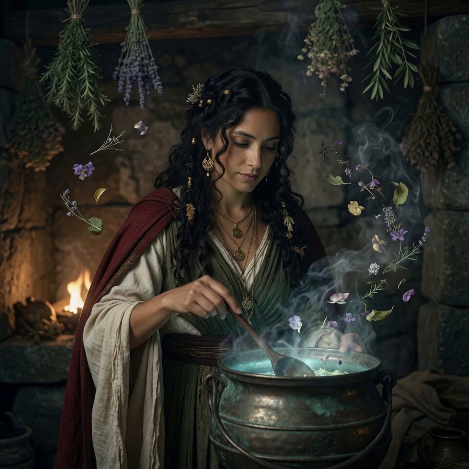 Fantasy Glowing Potion and Floating Herbs