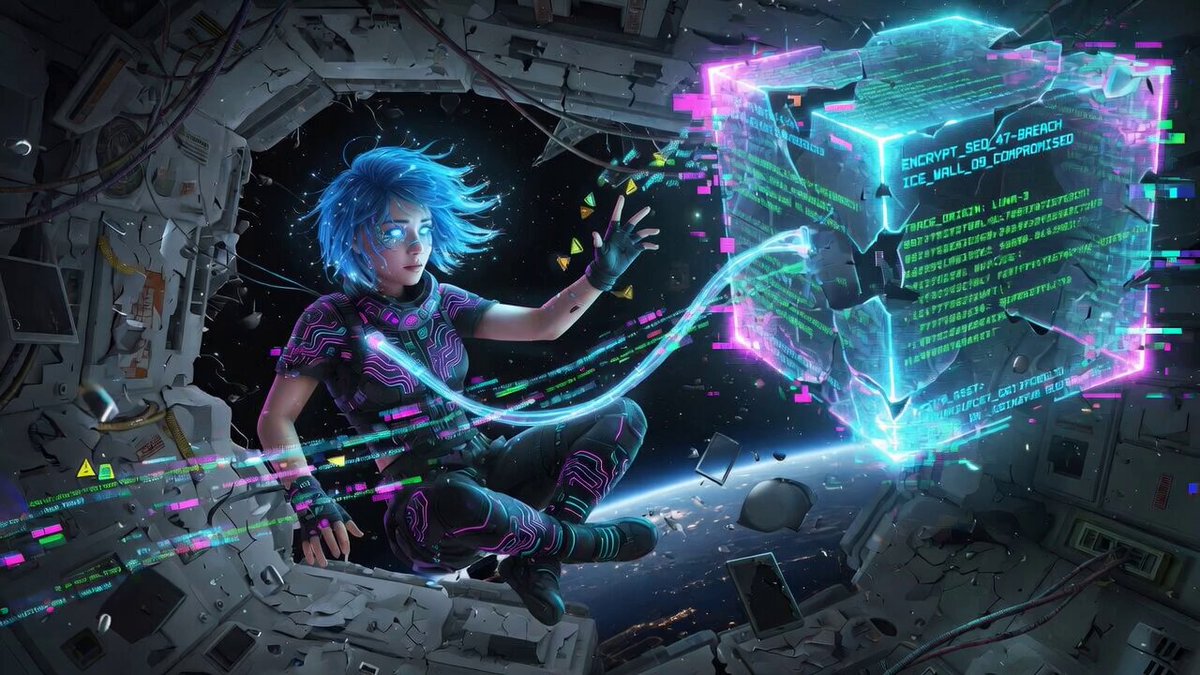 Cinematic video generation prompt: Cybernetic netrunner hacking