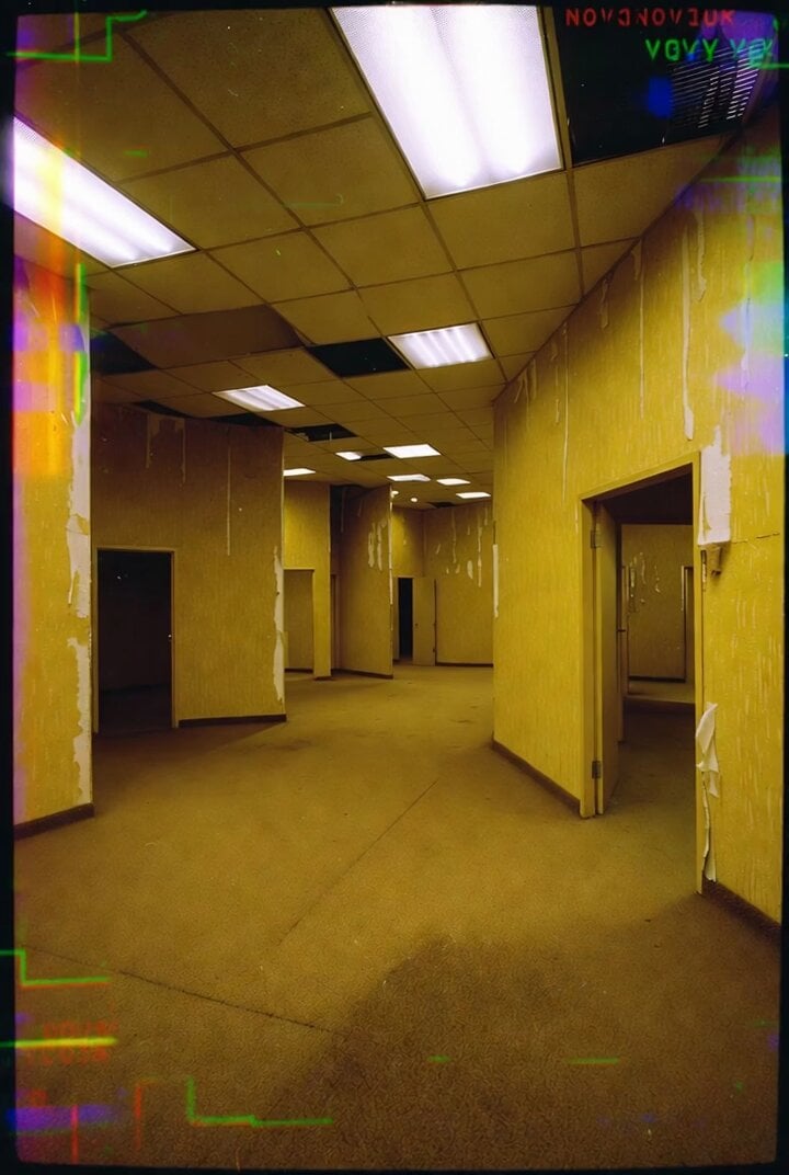 Video prompt for a terrifying liminal space in the style of the Backrooms