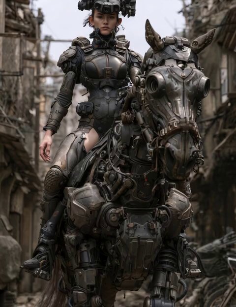 Cybernetic Power Armor Rider on Robotic Horse