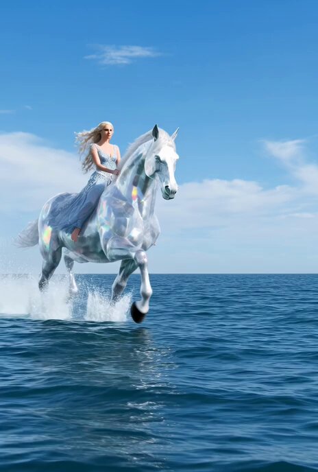 Shiny crystal horse with an elegant woman crossing the sea