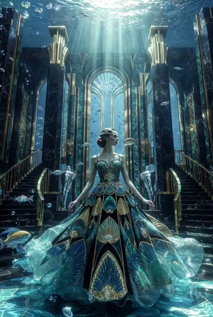 Continuous 30-second Art Deco underwater temple video