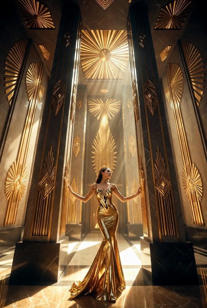 Detailed Grok Imagine prompt for Art Deco golden temple interior video