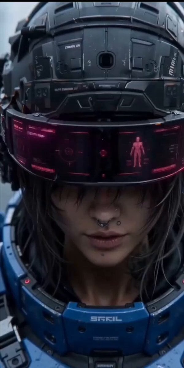 Cinematic action sequence video prompt of a futuristic female warrior