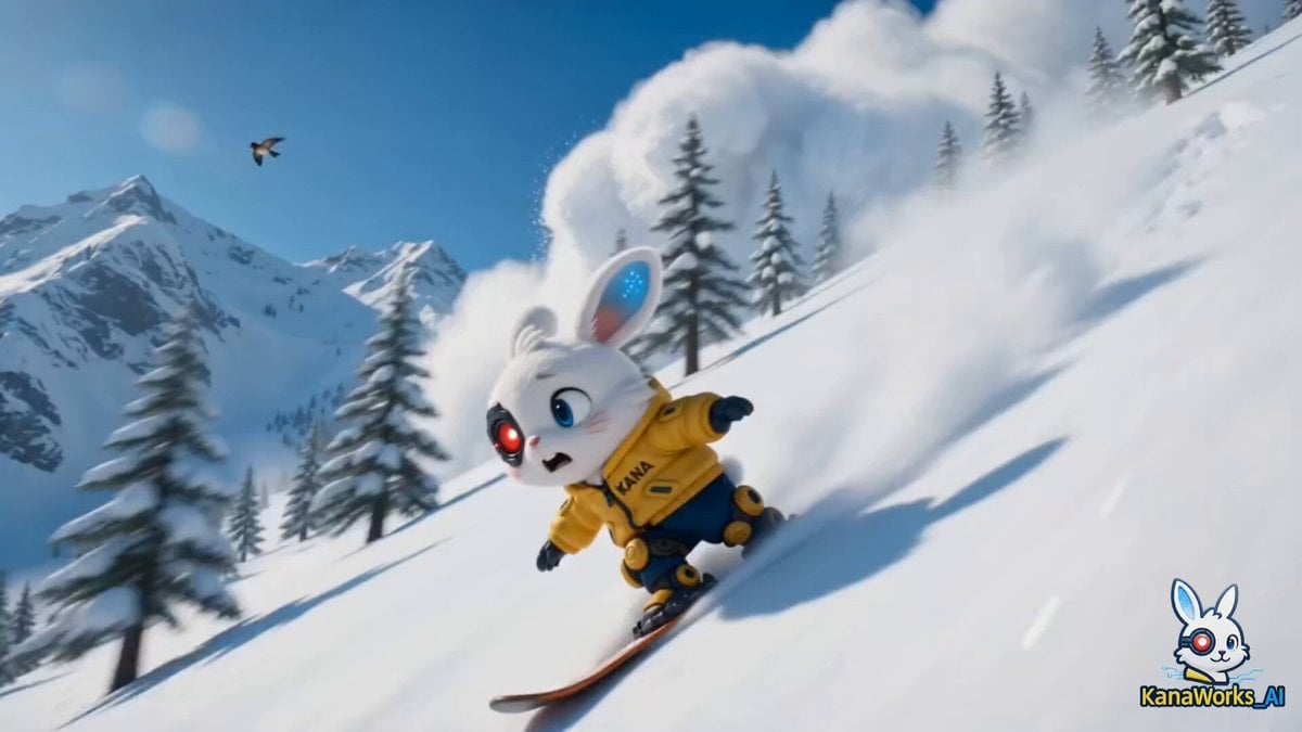 Drone shot of a skiing rabbit escaping an avalanche