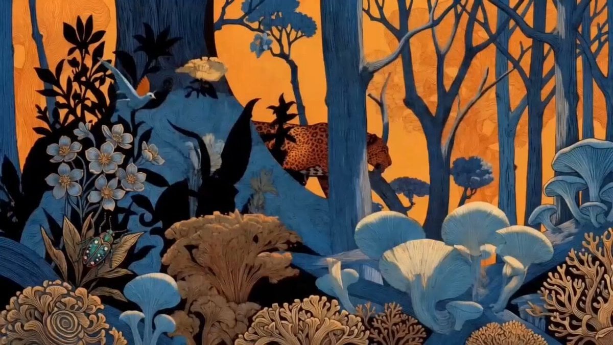 Leopard Prowling Through a Surreal Forest in Henri Rousseau Style