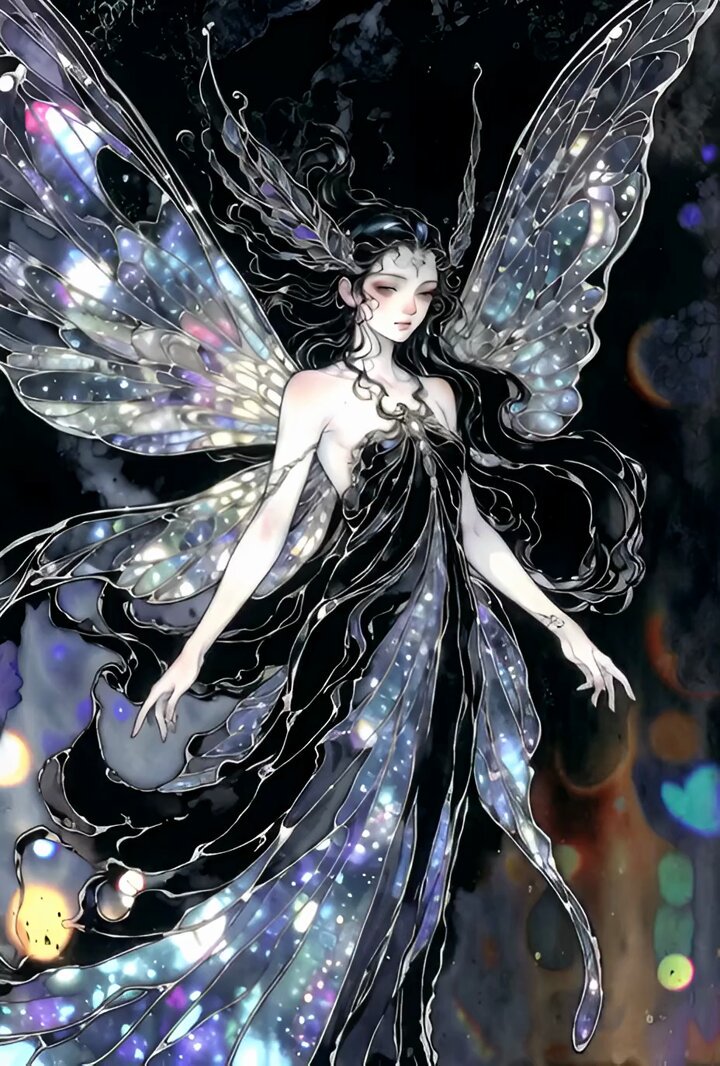Ethereal dark fairy goddess with galaxy wings