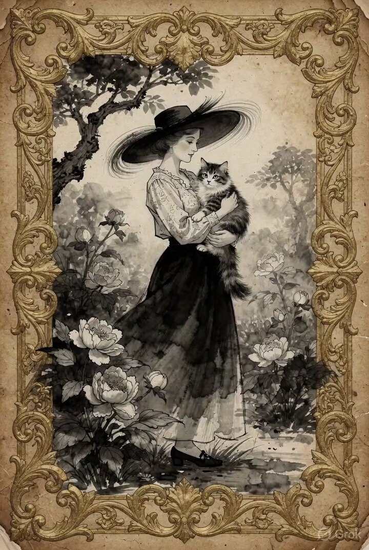 Vintage Victorian Lady with Cat Illustration
