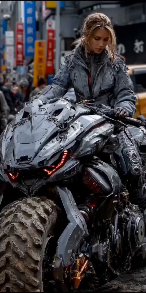 second cinematic video of a woman on a cyberpunk motorcycle in rainy Tokyo