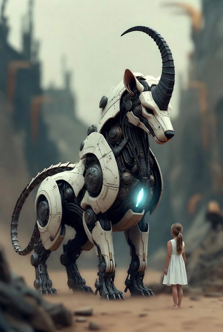 Surreal cyborg animal and young girl