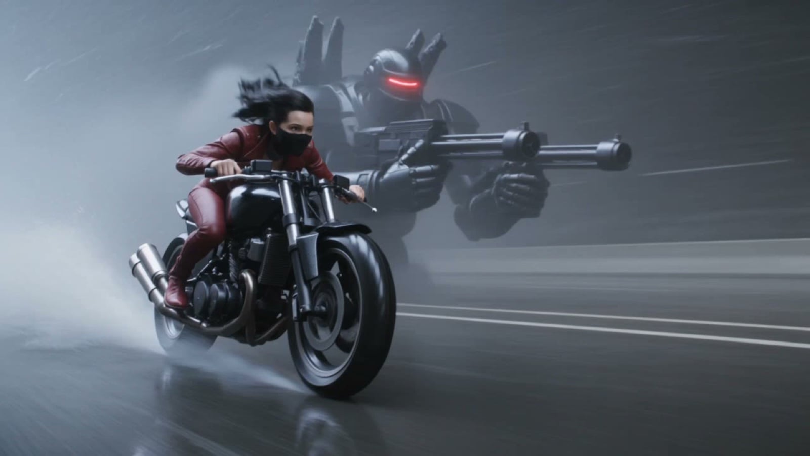 Photorealistic Cyberpunk Motorcycle-Robot Chase in Heavy Rain
